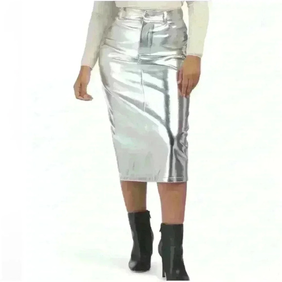 NWT 7 for All Mankind Metallic Silver Faux Leather MIDI Skirt - Picture 1 of 10